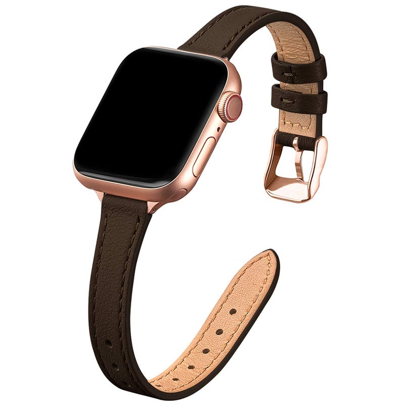 STIROLL Slim Leather Bands Compatible with Apple Watch Band 38mm 40mm 41mm 42mm 44mm 45mm 49mm,Top Grain Leather Watch Thin Wristband for iWatch Ultra SE Series 8/7/6/5/4/3/2/1(Coffee with Rose Gold) - Image 1